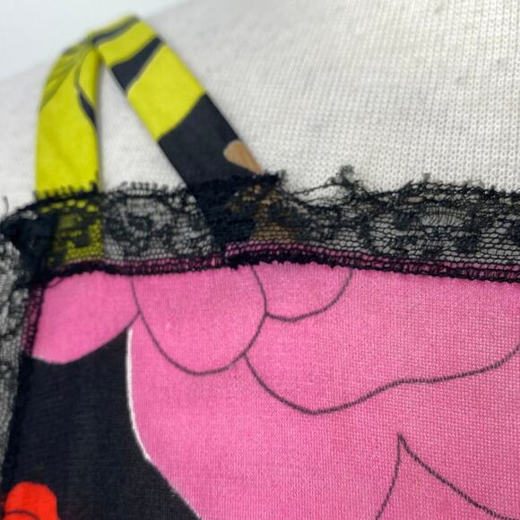 Vintage 60s Floral Slip Negligee Mini Dress Lace Trim Double Strap Womens M - Picture 3 of 7